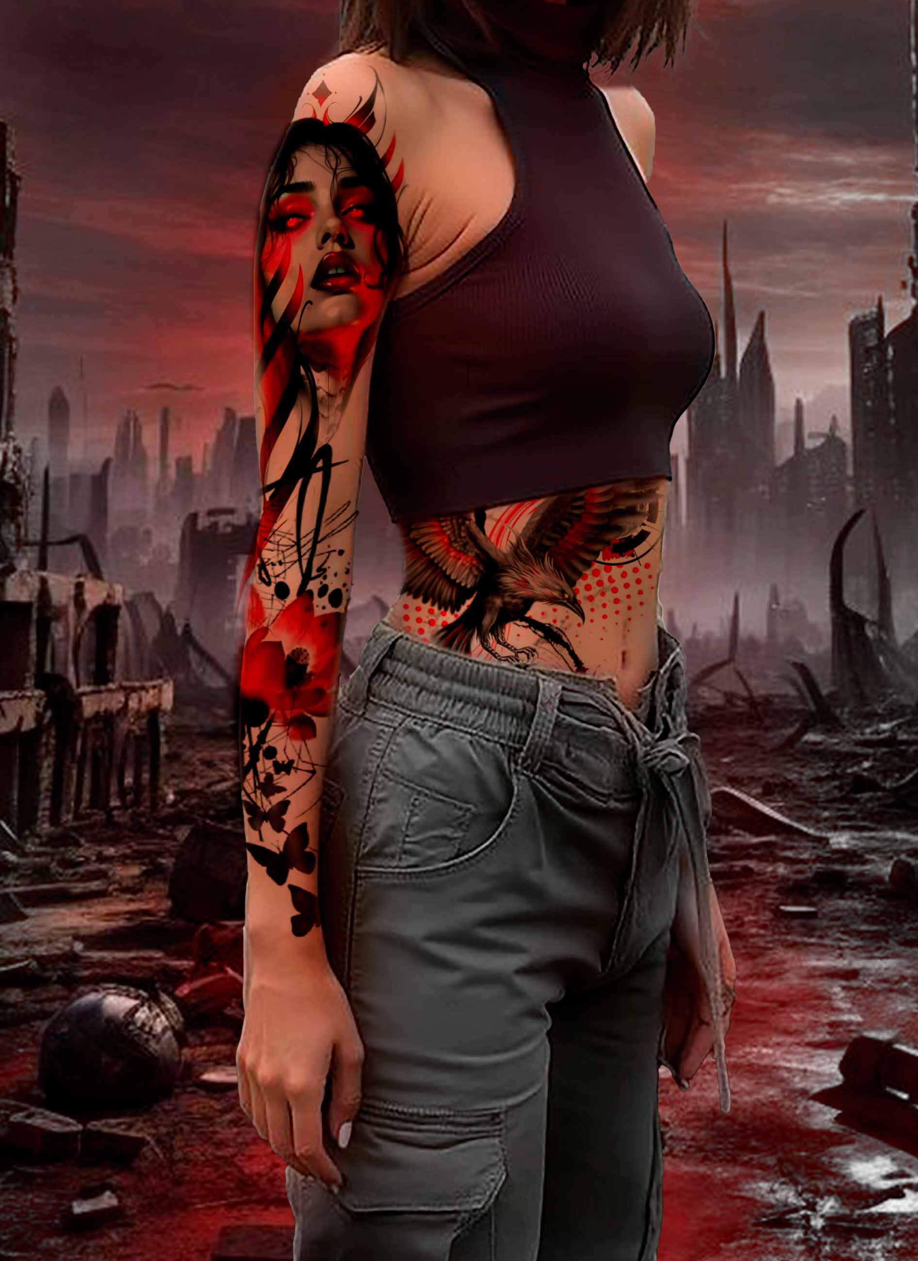 stil tattoo trech polka devuchka s rukavom na ulize